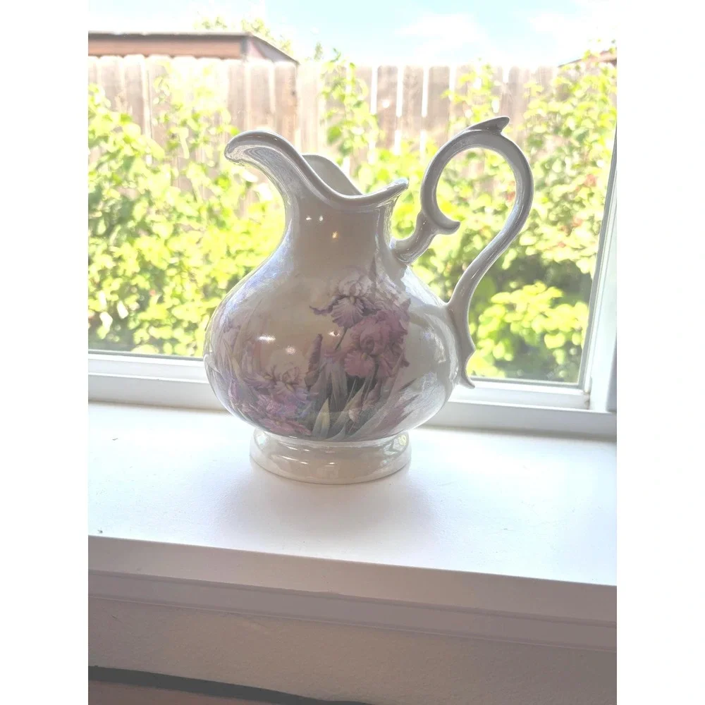 Vintage Arnels Ceramic Pitcher, Iris Floral Painting, Signed Collectible